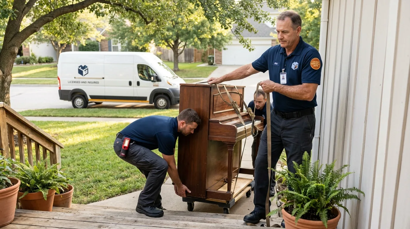 Licensed piano movers securing grand piano in Sykesville, MD