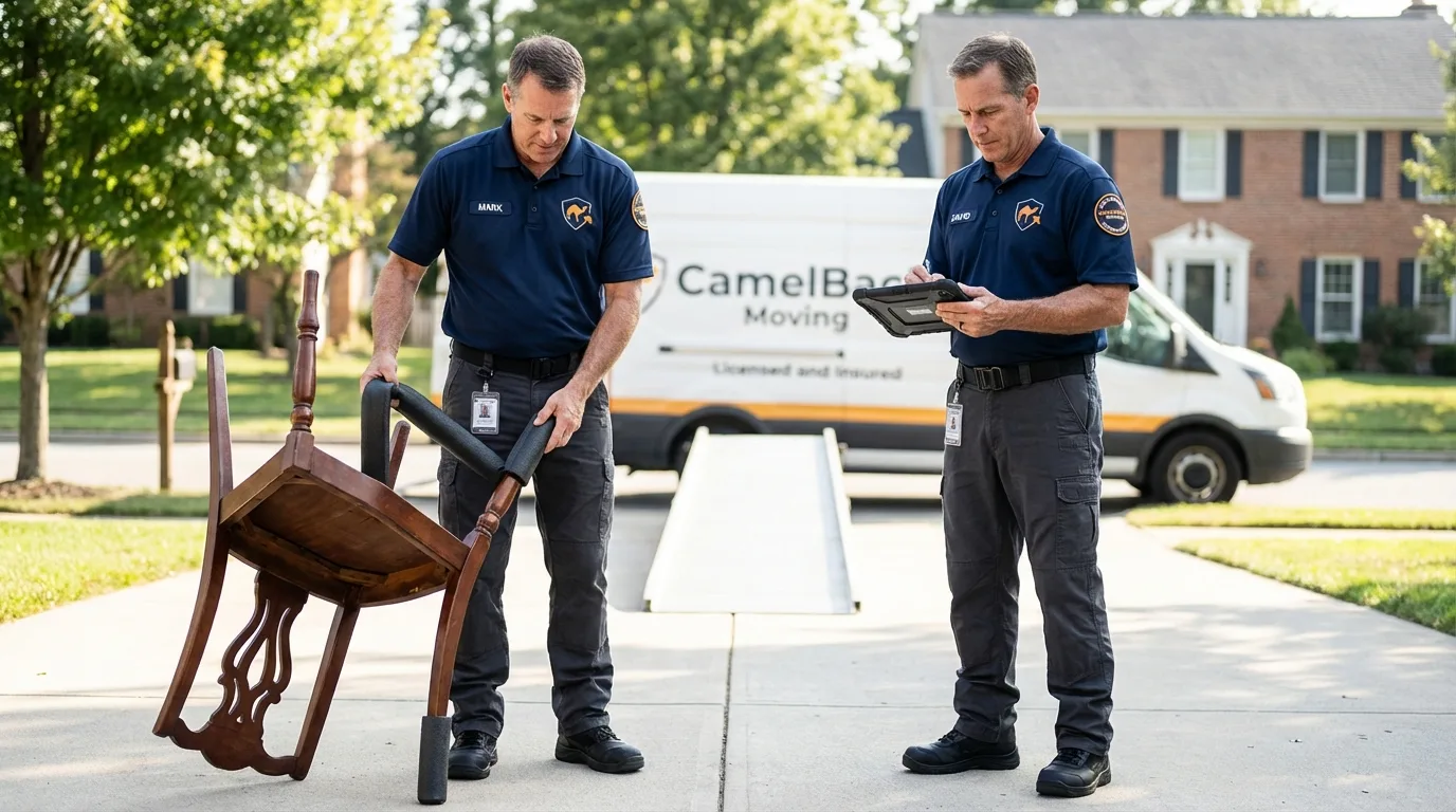 Movers inspecting furniture for damage prevention before loading in Sykesville, MD