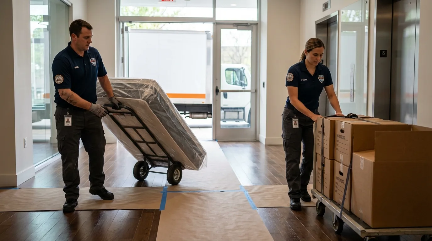 Professional apartment movers loading elevator in Sykesville, MD