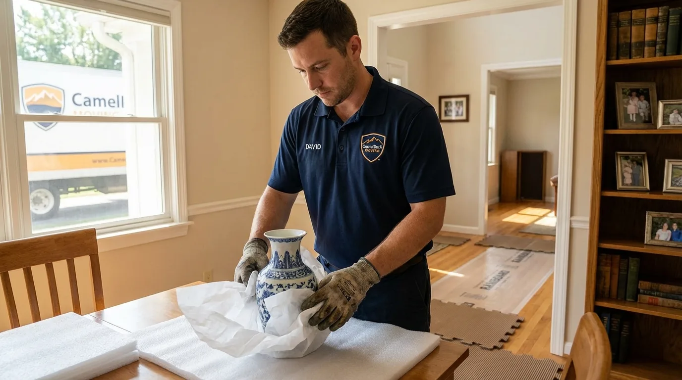 Professional crew carefully wrapping antique vase for senior downsizing move in Sykesville, MD